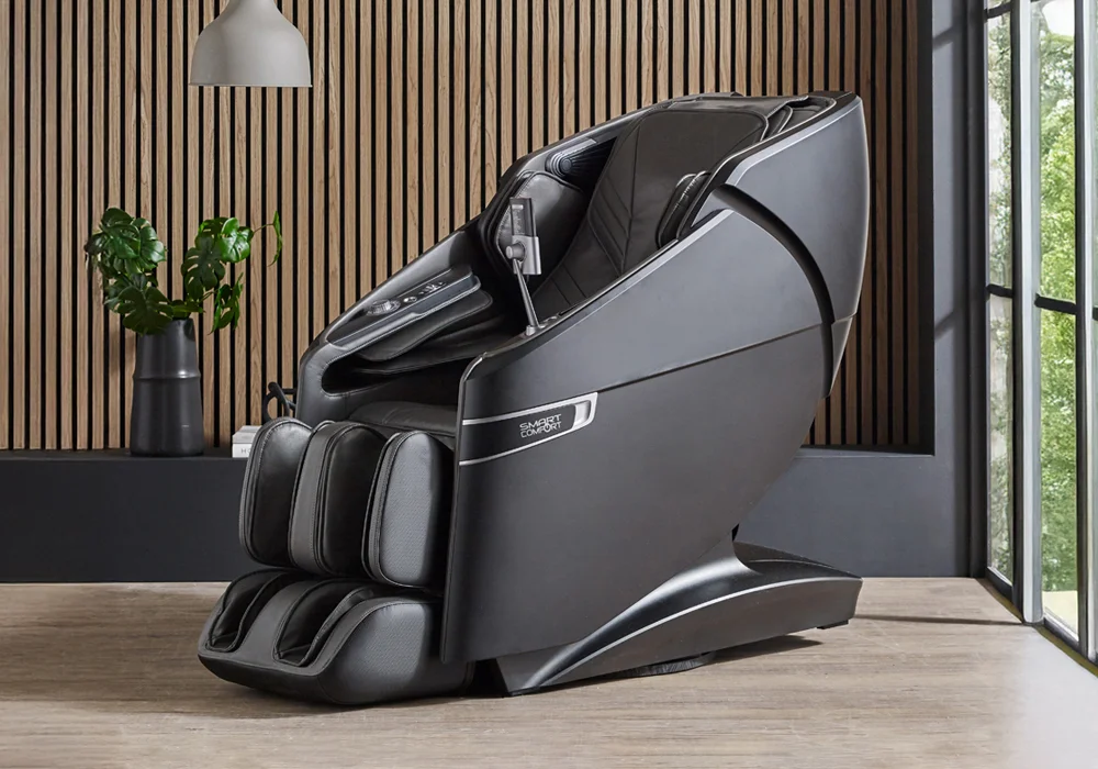 Smart Comfort black massage chair with zero-gravity recline in a modern lounge setting