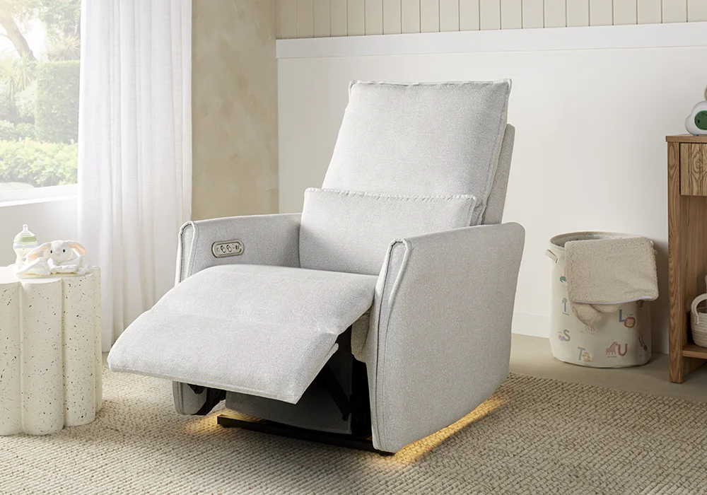 Smart Comfort light grey fabric nursery recliner chair with LED base lighting