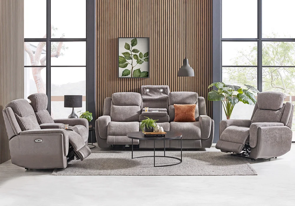 Smart Comfort grey fabric electric lounge suite with recliner sofa, loveseat and armchair in a modern living room